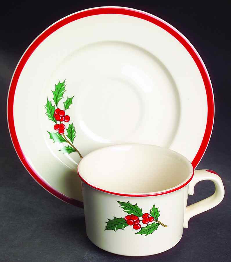 Holly and Spruce (Red Trim) Flat Cup & Saucer Set by Taylor, Smith & Taylor (Ts&T)-1
