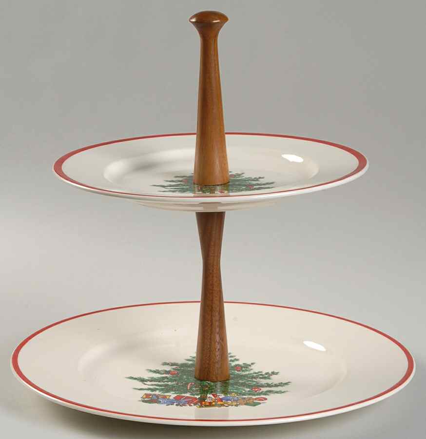 Holly and Spruce (Red Trim) 2 Tiered Serving Tray (Dinner & Salad Plate) by Taylor, Smith & Taylor (Ts&T)-1