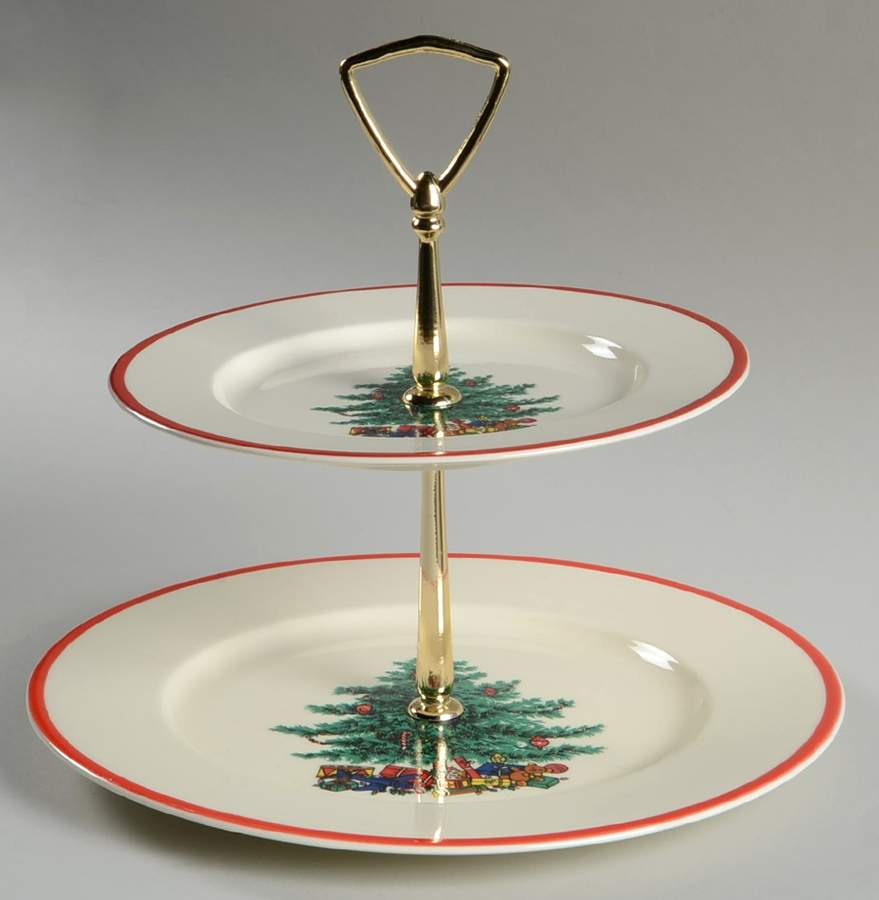 Holly and Spruce (Red Trim) 2 Tiered Serving Tray (Dinner & Salad Plate) by Taylor, Smith & Taylor (Ts&T)-1