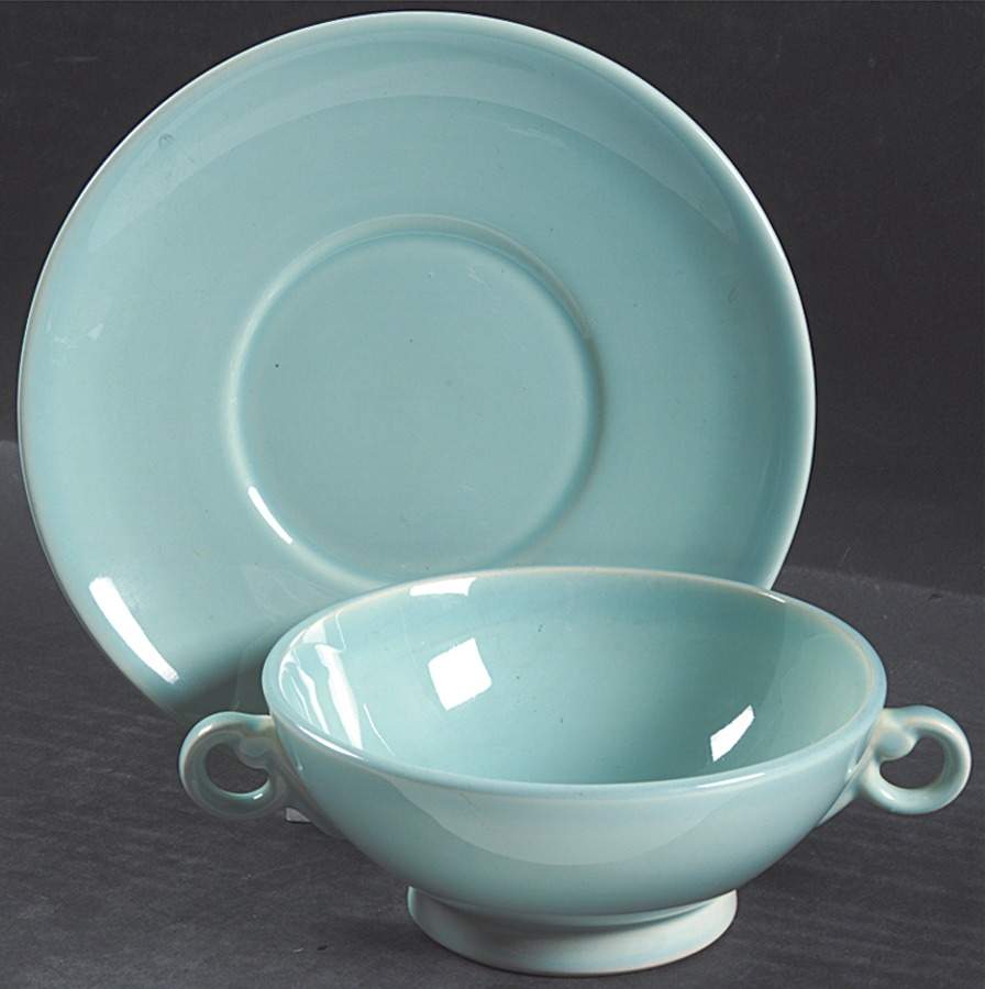 Luray Pastels Surf Green Footed Cream Soup Bowl & Saucer Set by Taylor, Smith & Taylor (Ts&T)-1