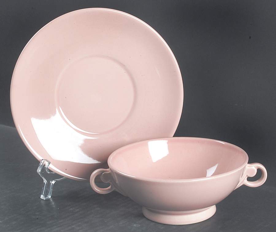 Luray Pastels Sharon Pink Footed Cream Soup Bowl & Saucer Set by Taylor, Smith & Taylor (Ts&T)-1