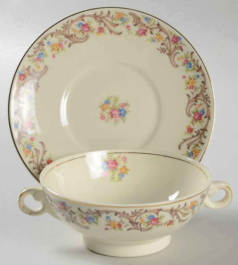 Scroll Border Footed Cream Soup Bowl & Saucer Set by Taylor, Smith & Taylor (Ts&T)-1