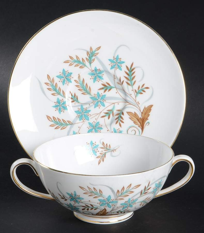 Blue Star (White Background, Gold Trim) Footed Cream Soup Bowl & Saucer Set by Tuscan - Royal Tuscan-1