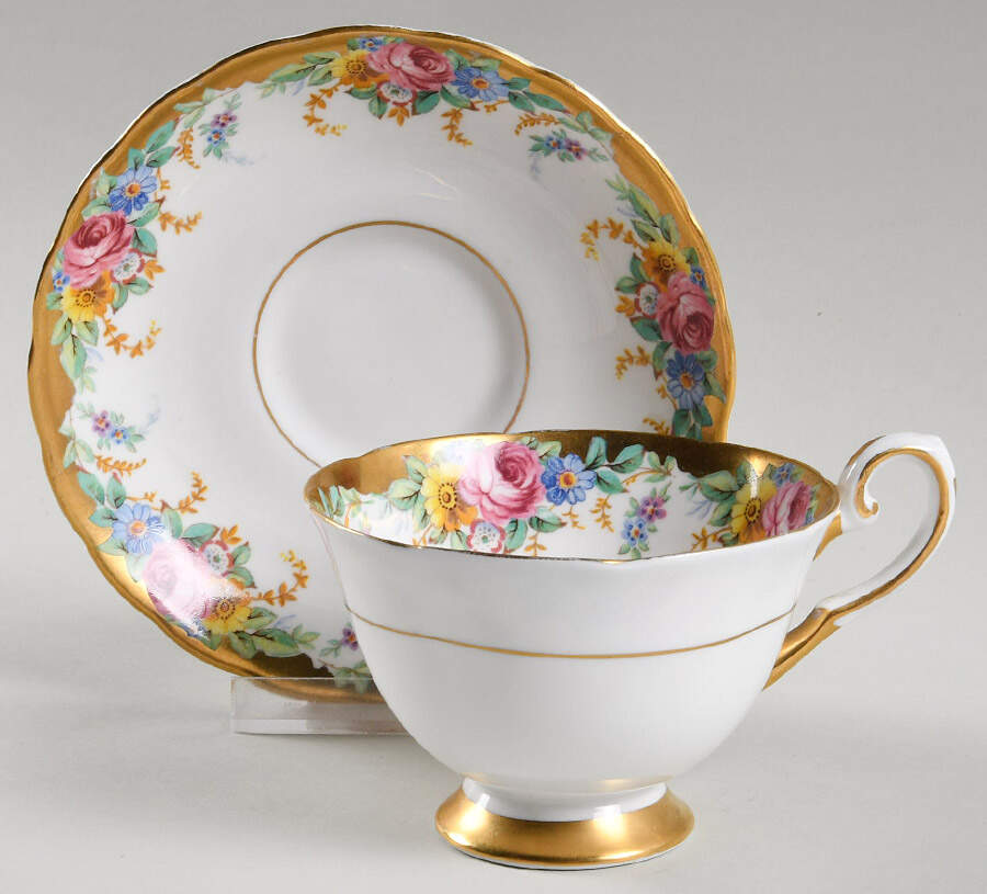 Garland (Wide Gold Trim) Footed Cup & Saucer Set by Tuscan - Royal Tuscan-1