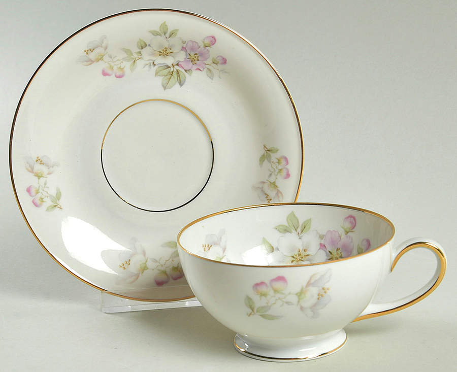 Apple Blossom (Cream Background) Footed Cup & Saucer Set by Tirschenreuth-1