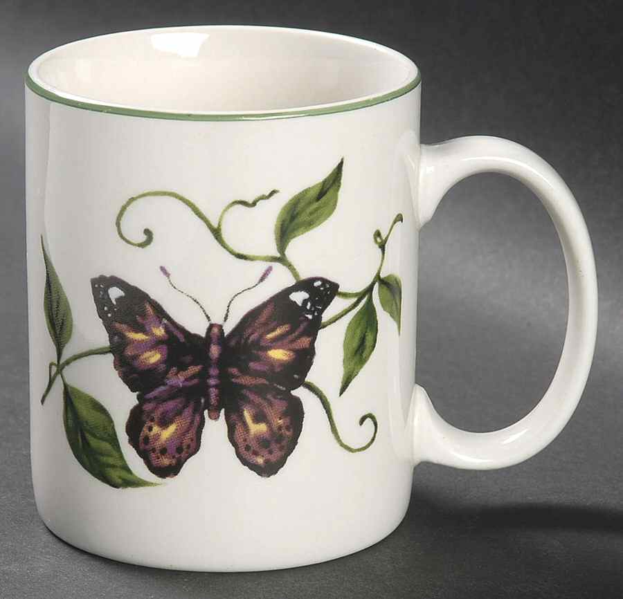 Tabletops Unlimited Bellagio Ceramic Mug - Gray Floral Band & Palm Tree Design, 4.5" Height