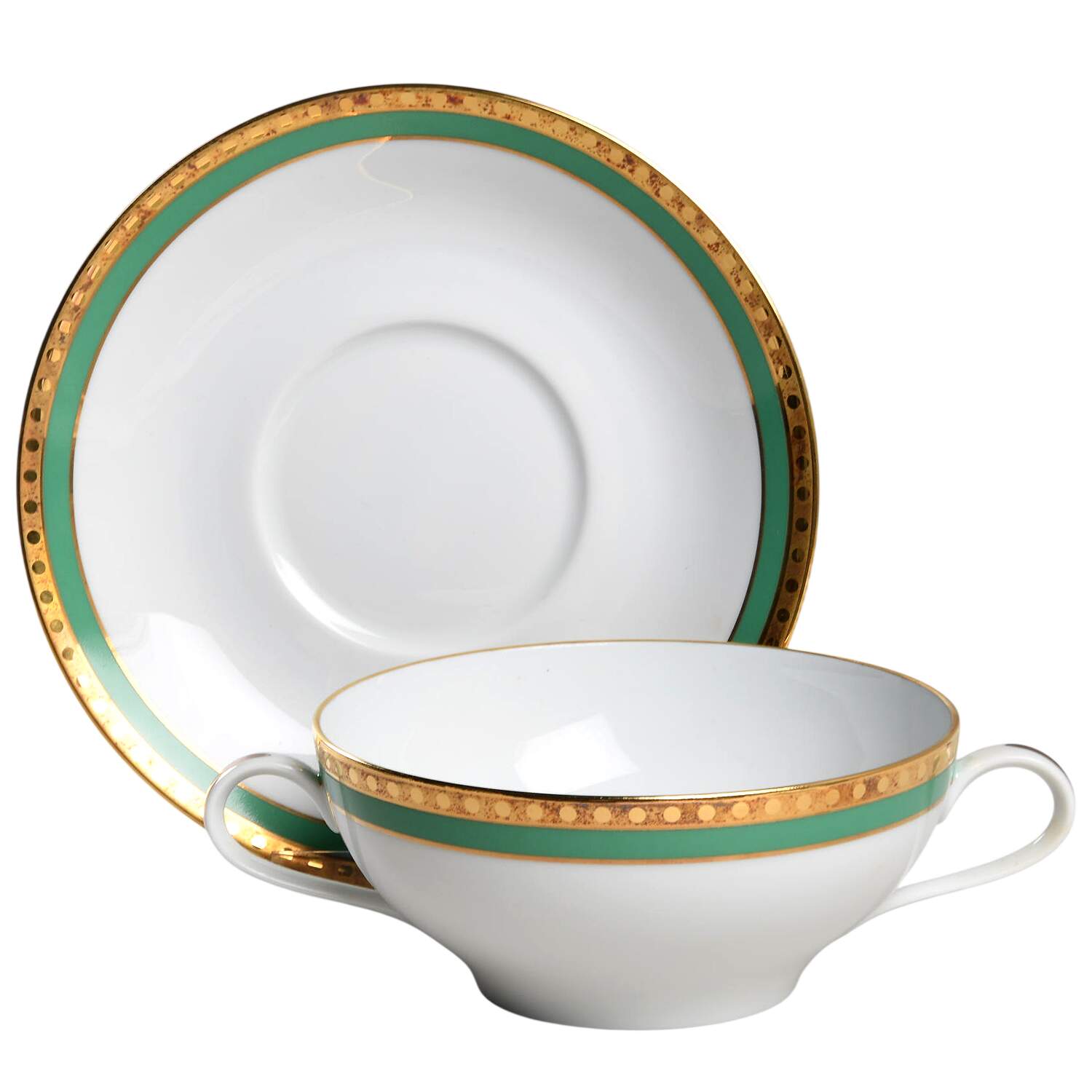 Green Band Flat Cream Soup Bowl & Saucer Set by Tiffany-1