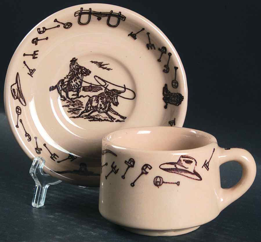 Branding Iron Lasso (Brown On Tan) Flat Cup & Saucer Set by Tepco-1