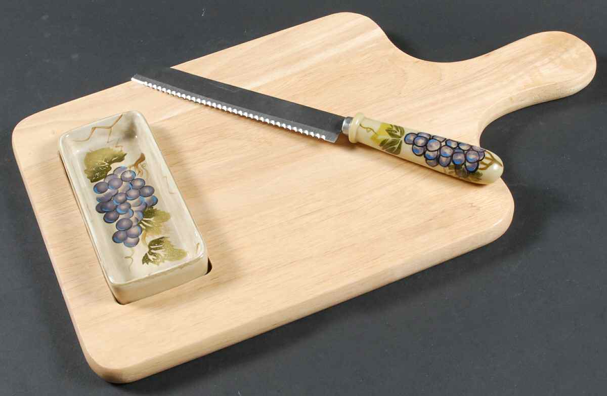 Cabernet (Semi Scallop, Rippled) Wood Bread Board W/Ceramic Oil Tray & Bread Knife by Tabletops Unlimited-1