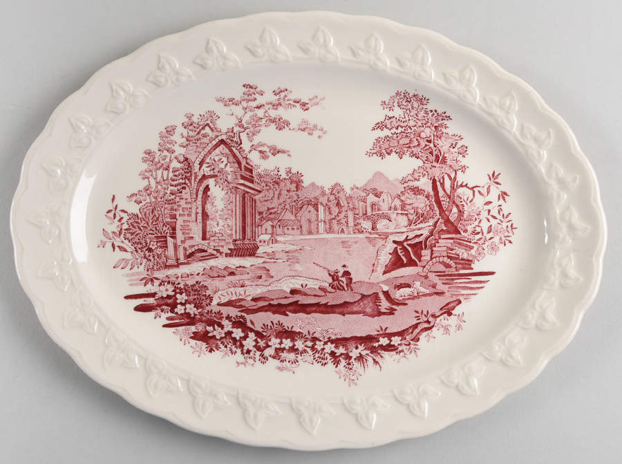 English Abbey Red (Garland, Rim, No Trim) 11" Oval Serving Platter by Taylor, Smith & Taylor (Ts&T)-1