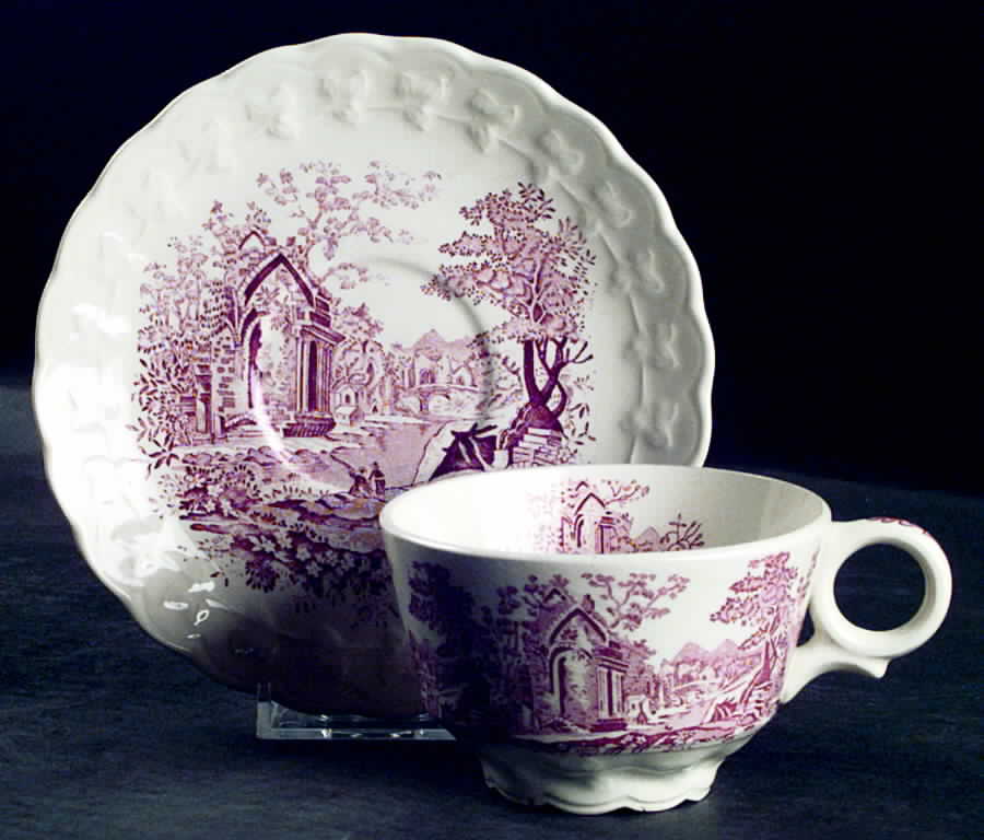 English Abbey Red (Garland, Rim, No Trim) Footed Cup & Saucer Set by Taylor, Smith & Taylor (Ts&T)-1