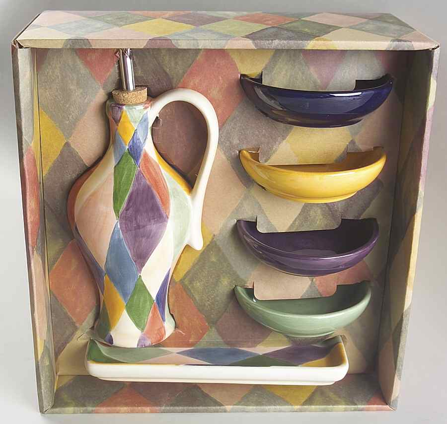 Carnival Oil Jar W/ Drizzle Spout, 4 Motif Dip Bowls & Tray by Tabletops Unlimited-1