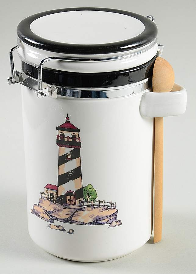 Coastal Lighthouse 7" Storage Jar with Hinged Lid & Wood Spoon by Totally Today-1
