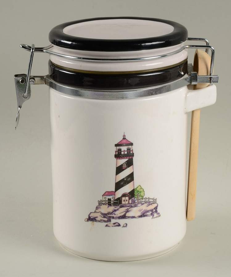 Coastal Lighthouse 7" Storage Jar with Hinged Lid & Wood Spoon by Totally Today-1