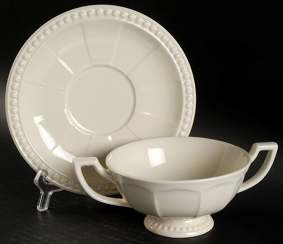 Venice White (Off White) Footed Cream Soup Bowl & Saucer Set by Ten Strawberry Street-1