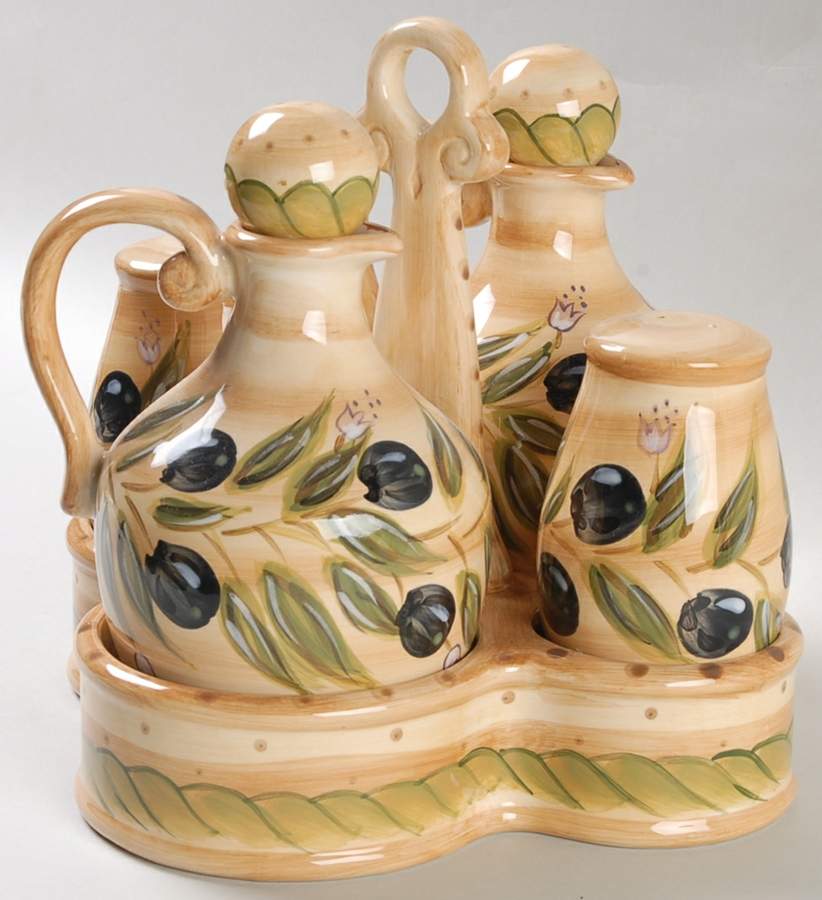 Provincial Olives (7 Piece) Cruet Set W/Holder (2 Cruets & Sap) by Tabletops Unlimited-1