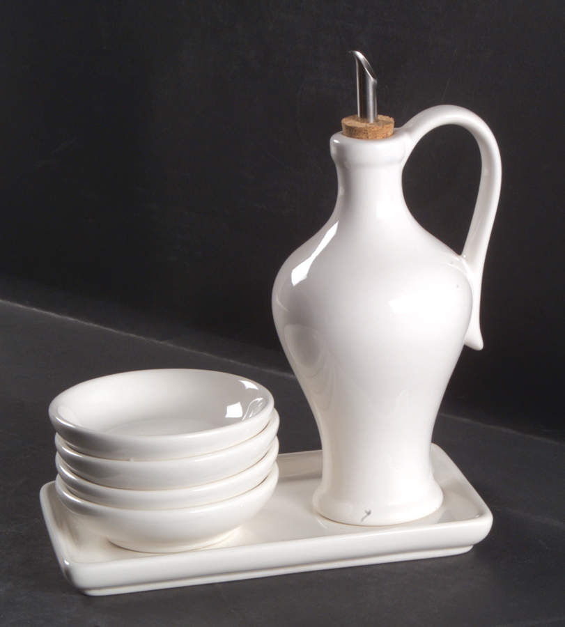 Blanc De Blanc Oil Jar/Drizzler with 4 Dipping Bowls & Tray by Tabletops Unlimited-1