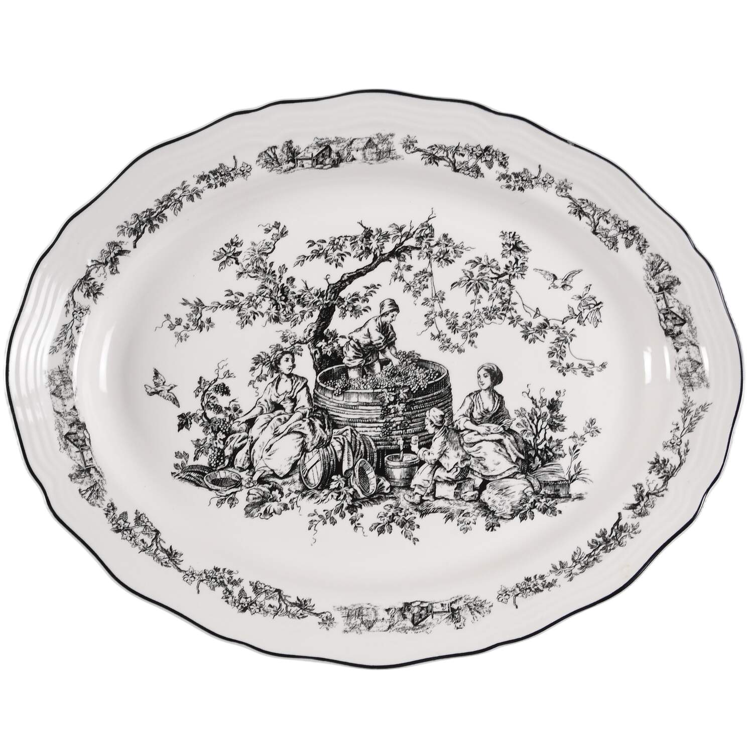 New England Toile Black (Gamebirds) 14" Oval Serving Platter by Tabletops Unlimited-1