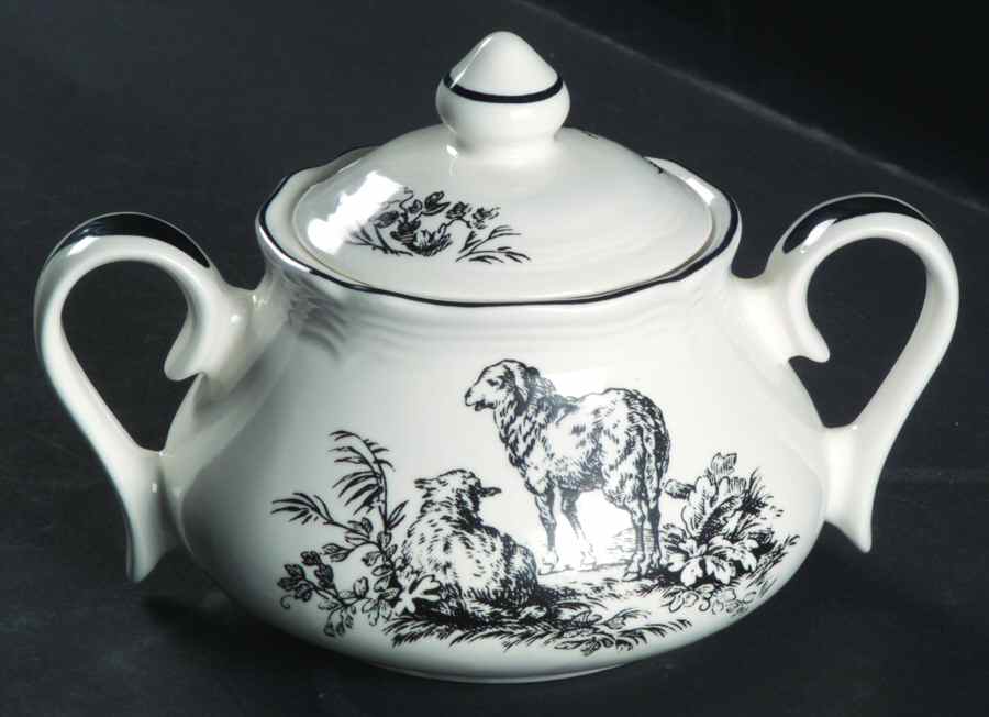 New England Toile Black (Gamebirds) Sugar Bowl & Lid by Tabletops Unlimited-1