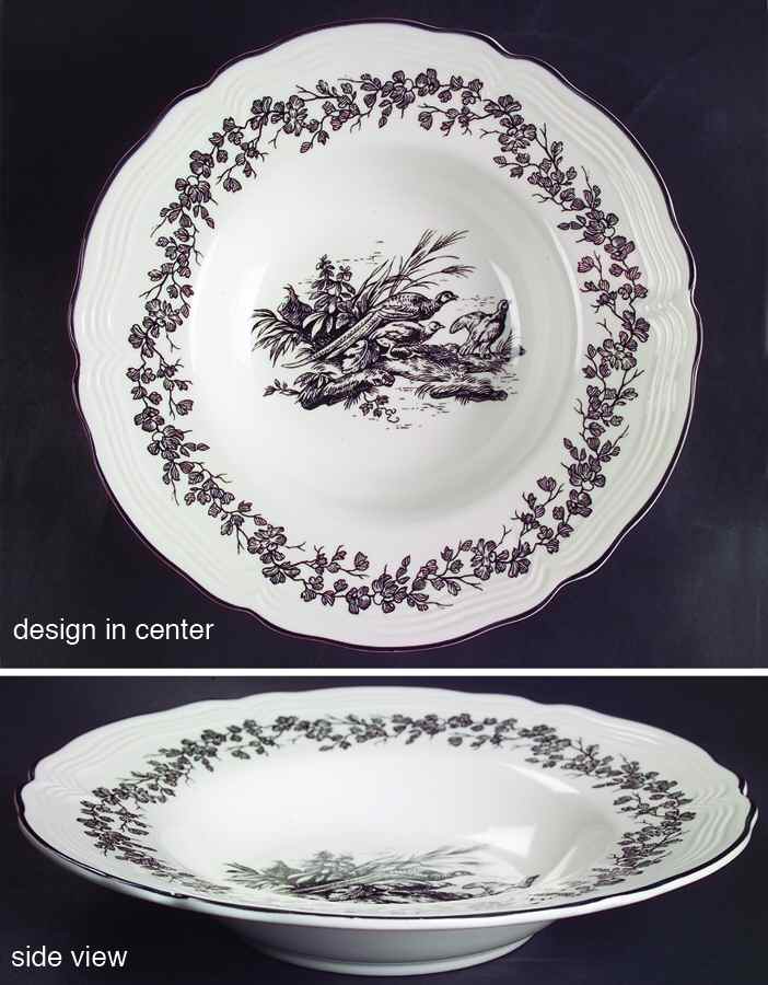 New England Toile Black (Gamebirds) Large Rim Soup Bowl by Tabletops Unlimited-1