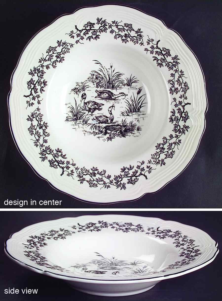 New England Toile Black (Gamebirds) Large Rim Soup Bowl by Tabletops Unlimited-1