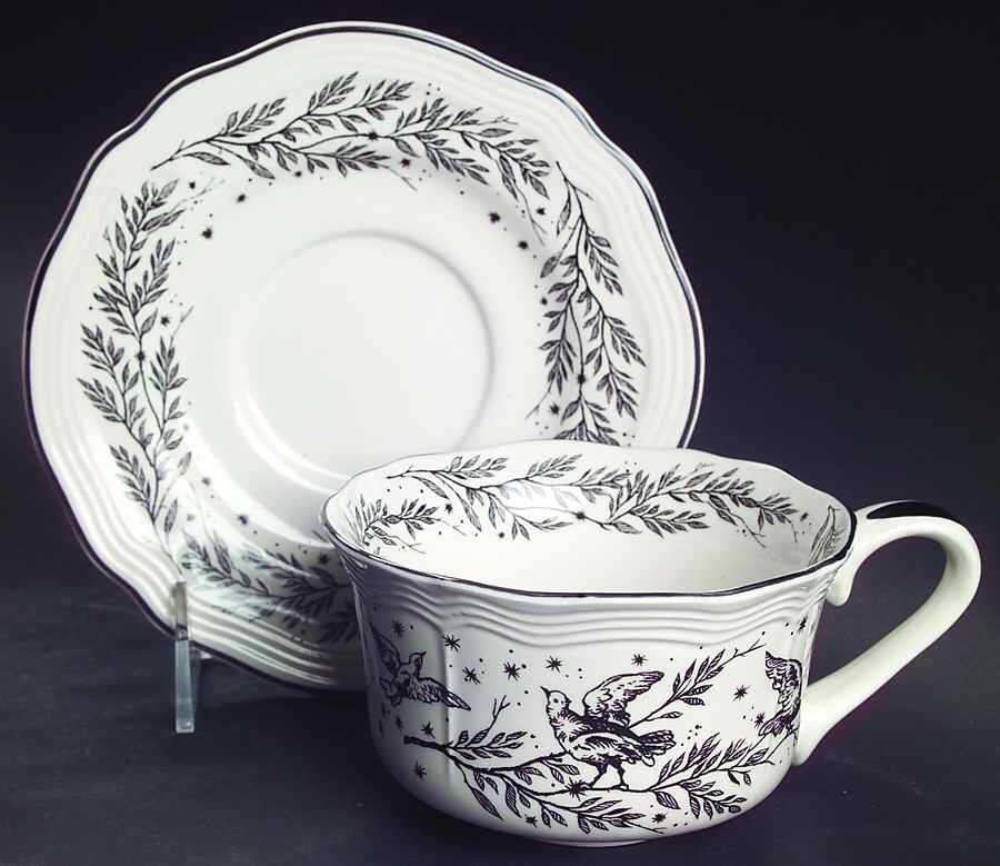 New England Toile Black (Gamebirds) Flat Cup & Saucer Set by Tabletops Unlimited-1