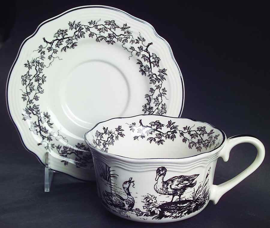New England Toile Black (Gamebirds) Flat Cup & Saucer Set by Tabletops Unlimited-1