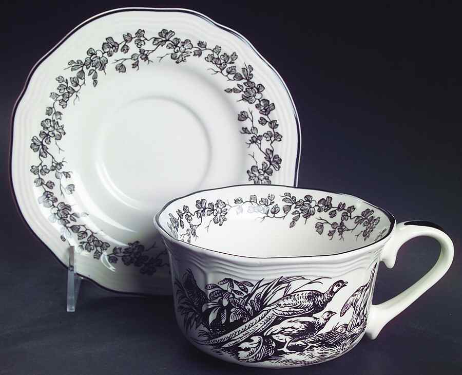New England Toile Black (Gamebirds) Flat Cup & Saucer Set by Tabletops Unlimited-1