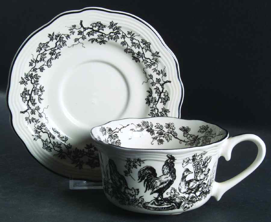 New England Toile Black (Gamebirds) Flat Cup & Saucer Set by Tabletops Unlimited-1
