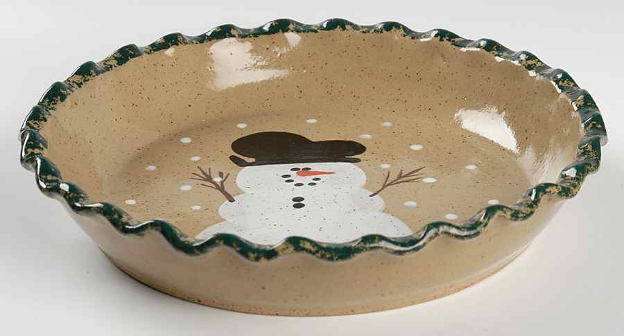 Snowman & Pines (Hand Thrown) 10" Pie Baking Plate by Three Rivers-1