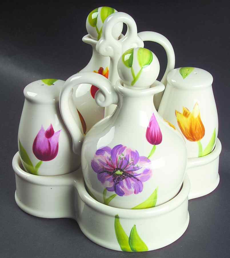 Spring Floral 5-Piece Condiment Set (V&O, S&P, Tray) by Tabletops Unlimited-1