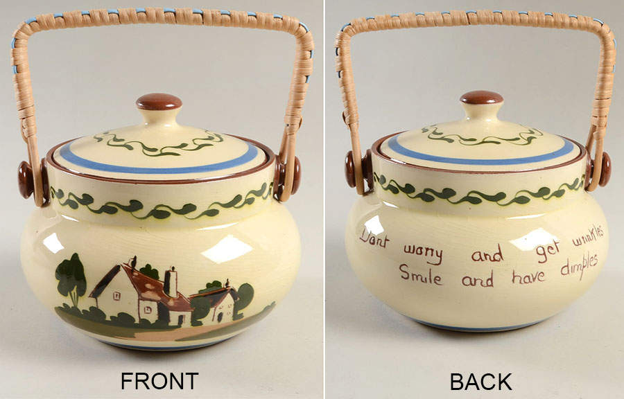 Motto Ware (Cottage) Biscuit Barrel & Lid by Torquay Pottery-1