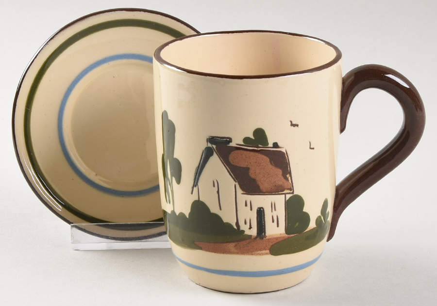 Motto Ware (Cottage) Flat Cup & Saucer Set by Torquay Pottery-1
