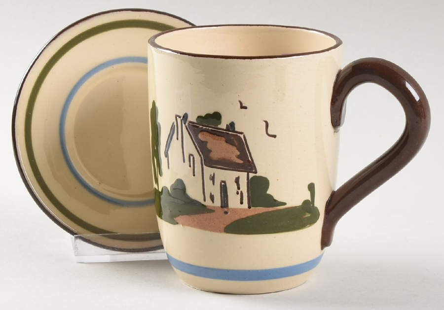 Motto Ware (Cottage) Flat Cup & Saucer Set by Torquay Pottery-1