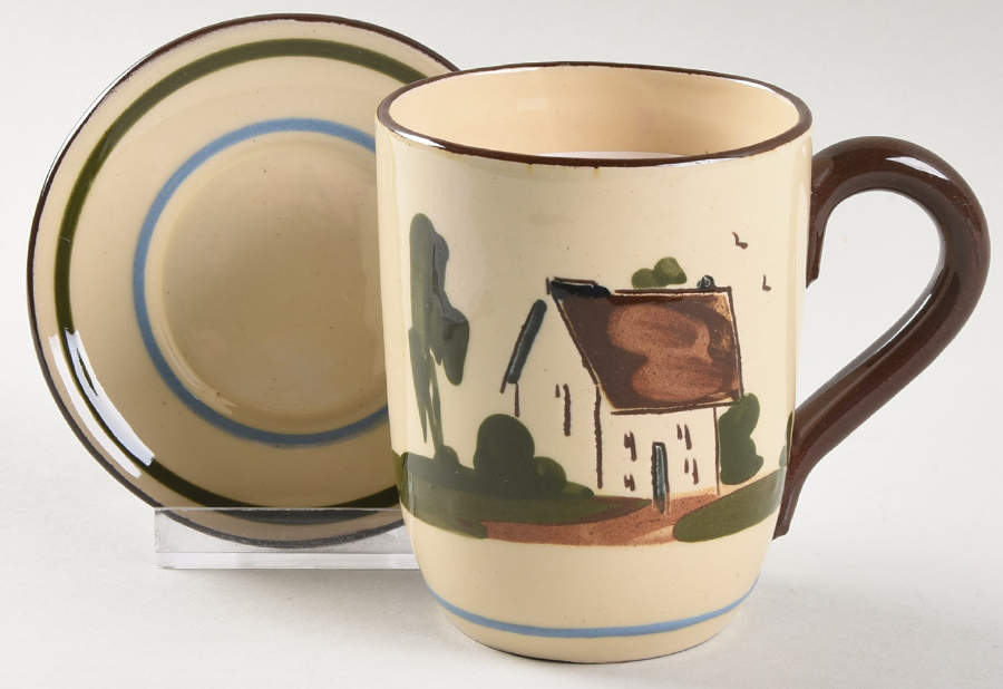 Motto Ware (Cottage) Flat Cup & Saucer Set by Torquay Pottery-1