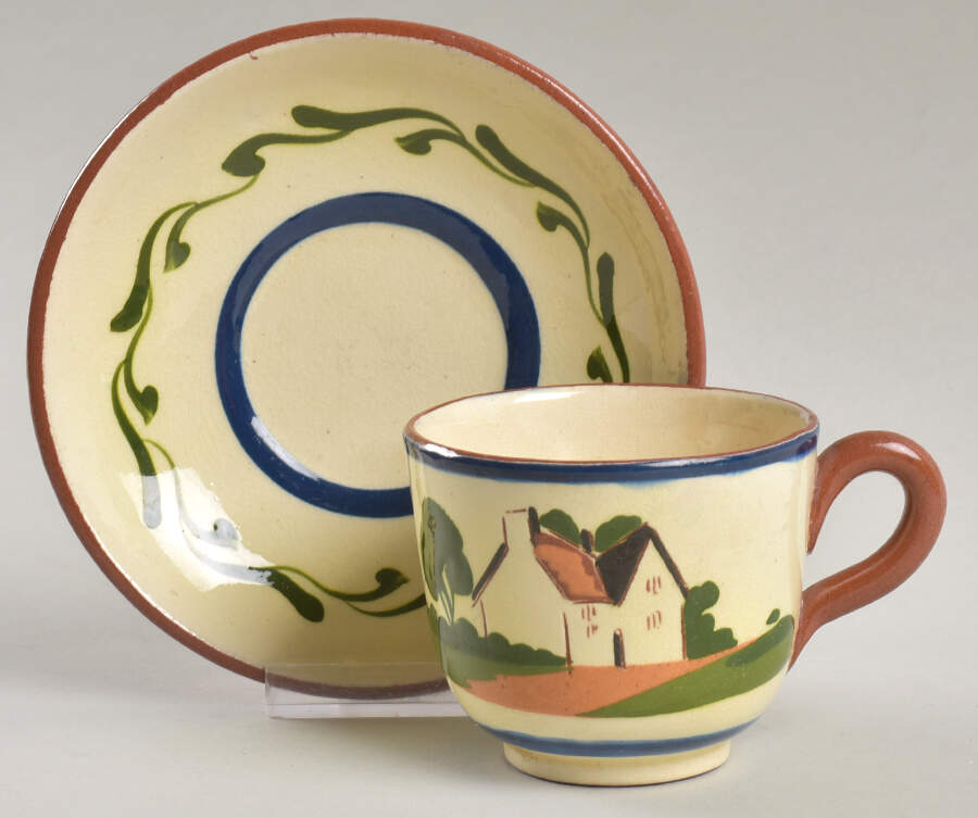 Motto Ware (Cottage) Flat Cup & Saucer Set by Torquay Pottery-1
