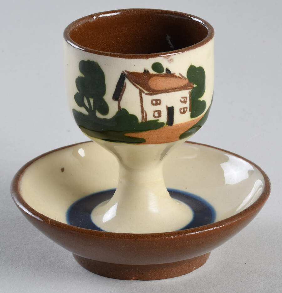 Motto Ware (Cottage) Egg Cup with Attached Underplate by Torquay Pottery-1