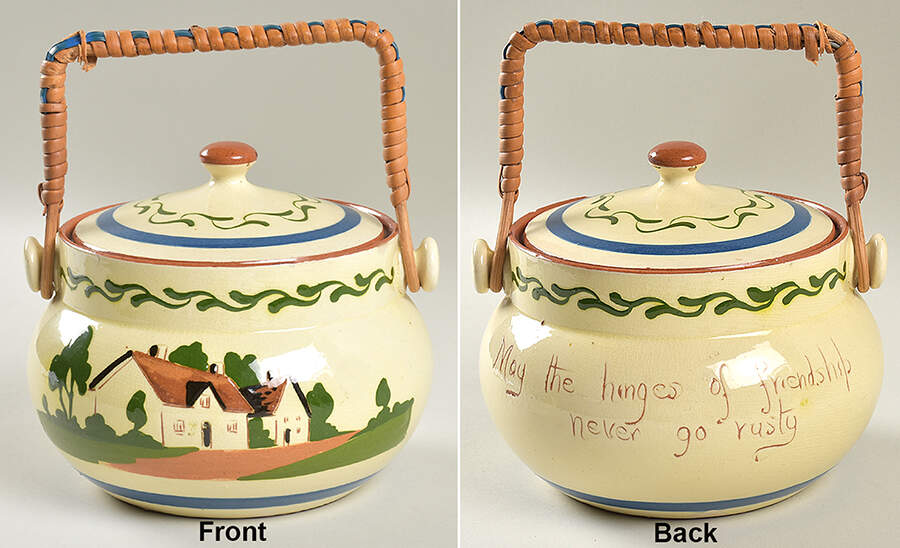 Motto Ware (Cottage) Biscuit Barrel & Lid by Torquay Pottery-1