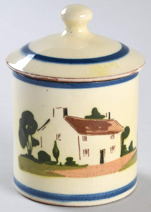 Motto Ware (Cottage) Jam/Jelly & Lid by Torquay Pottery-1