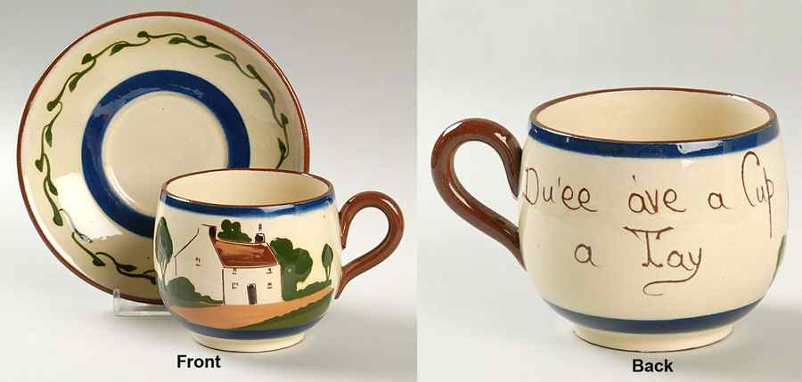 Motto Ware (Cottage) Flat Cup & Saucer Set by Torquay Pottery-1