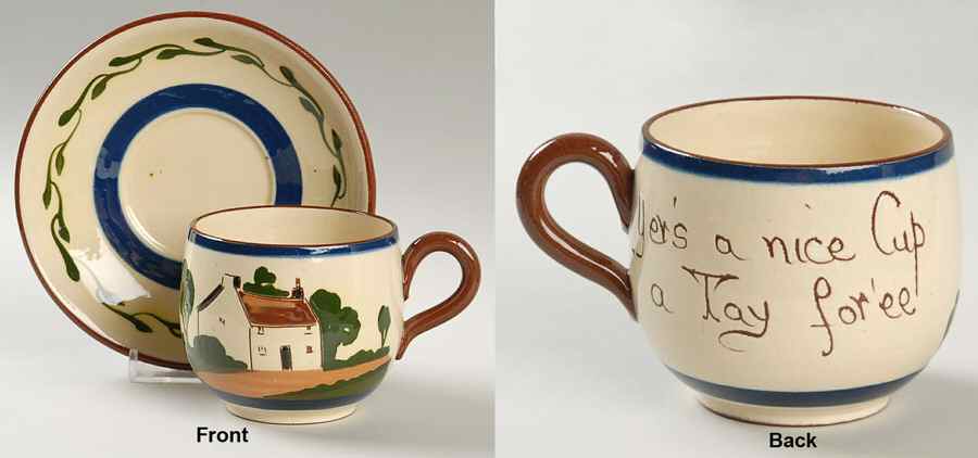 Motto Ware (Cottage) Flat Cup & Saucer Set by Torquay Pottery-1