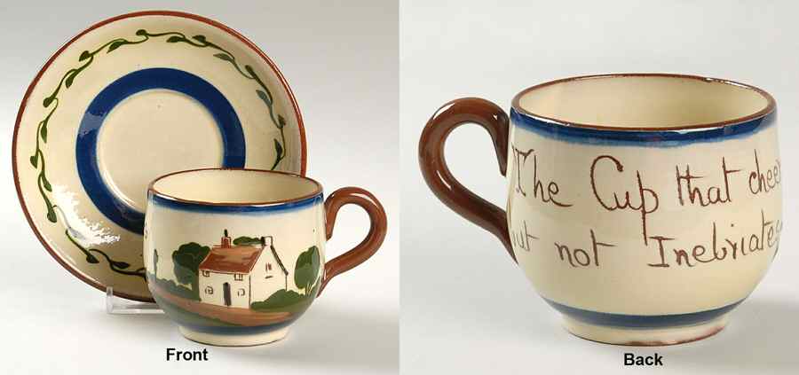 Motto Ware (Cottage) Flat Cup & Saucer Set by Torquay Pottery-1