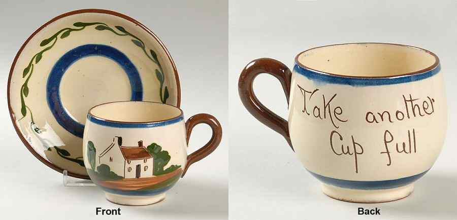 Motto Ware (Cottage) Flat Cup & Saucer Set by Torquay Pottery-1