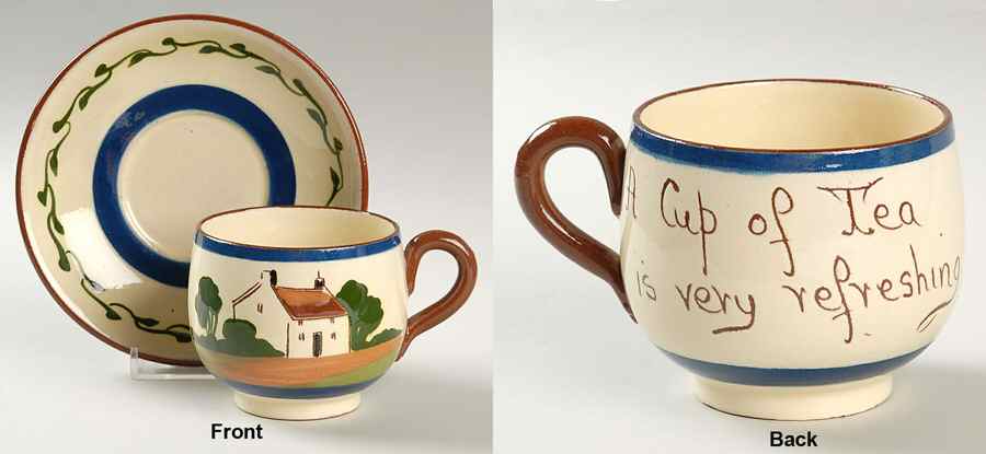 Motto Ware (Cottage) Flat Cup & Saucer Set by Torquay Pottery-1