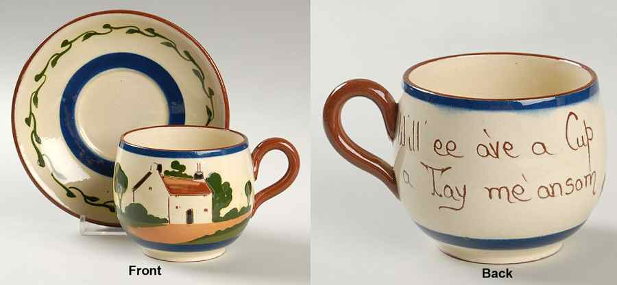 Motto Ware (Cottage) Flat Cup & Saucer Set by Torquay Pottery-1