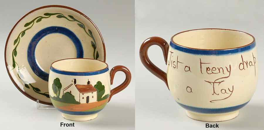 Motto Ware (Cottage) Flat Cup & Saucer Set by Torquay Pottery-1