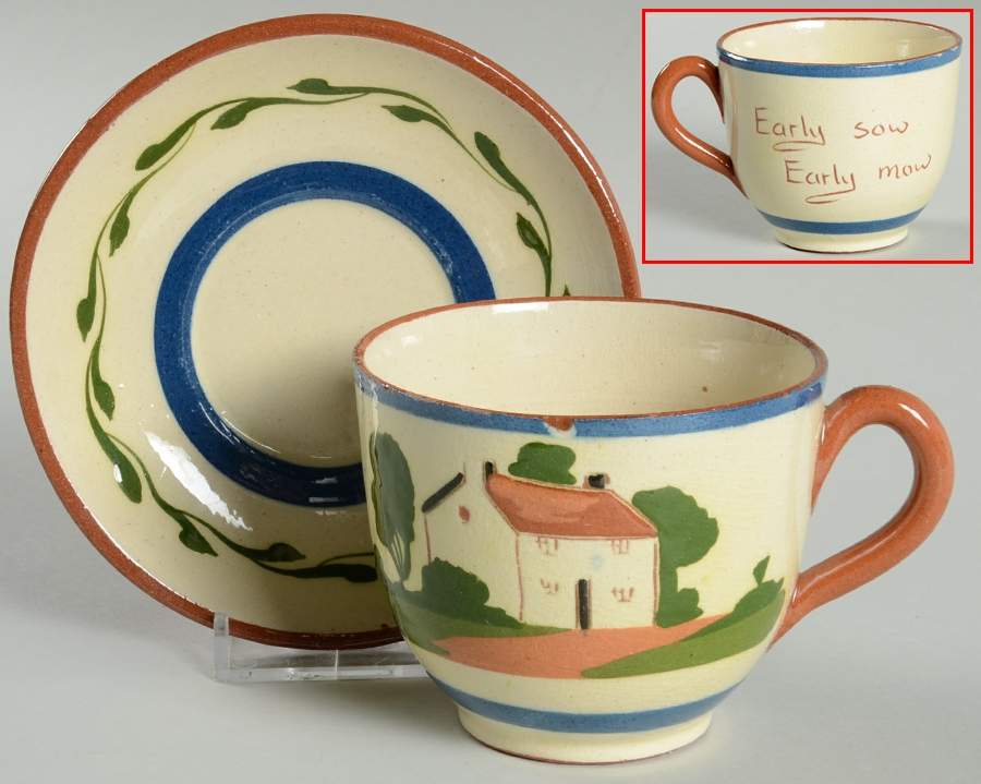 Motto Ware (Cottage) Footed Cup & Saucer Set by Torquay Pottery-1