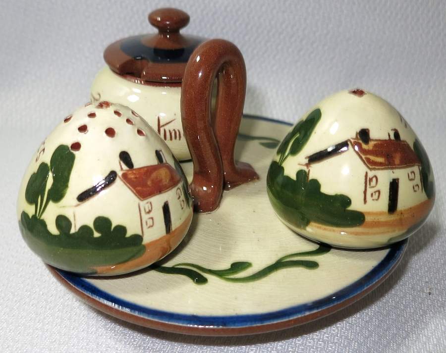 Motto Ware (Cottage) 5-Piece Condiment Set (Salt, Pepr, Mustard & Tray) by Torquay Pottery-1