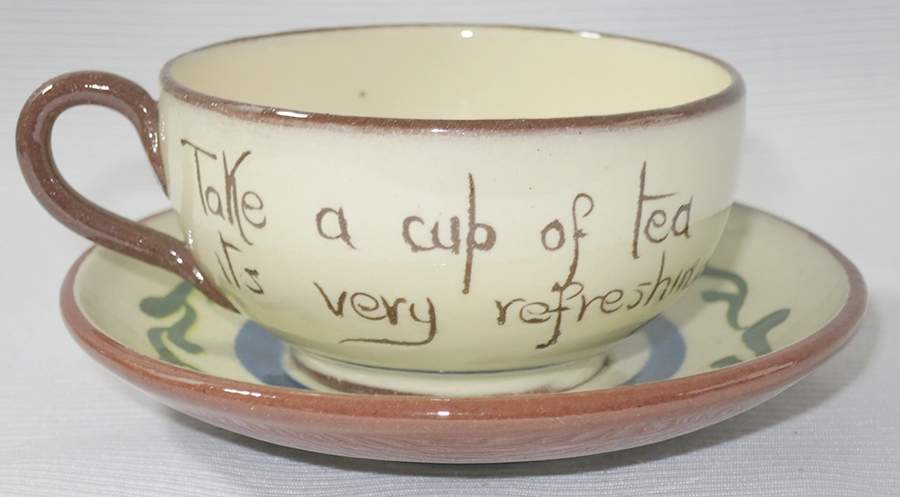 Motto Ware (Cottage) Flat Demitasse Cup & Saucer Set by Torquay Pottery-1