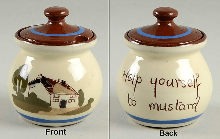 Motto Ware (Cottage) Mustard Jar & Lid by Torquay Pottery-1
